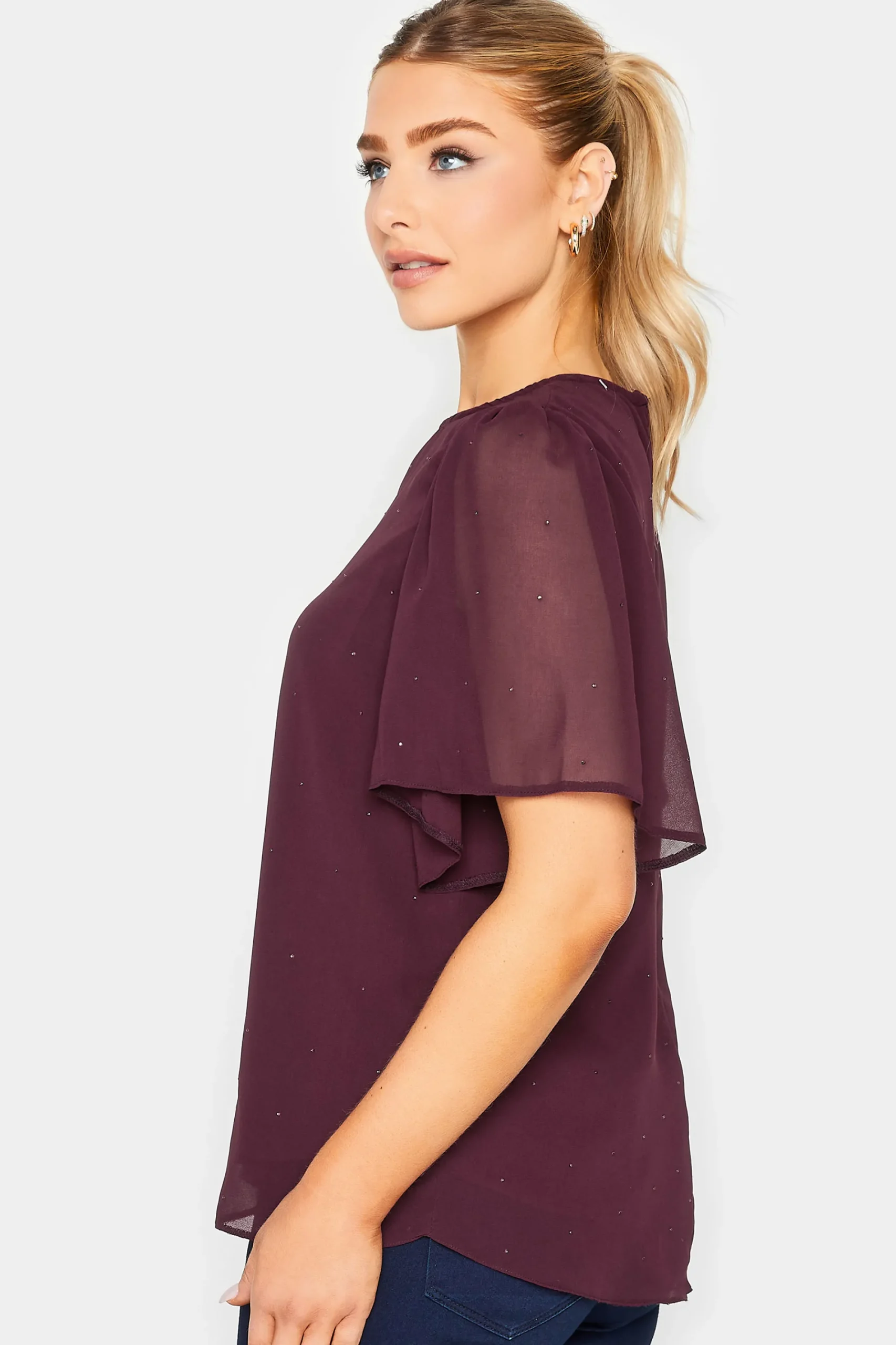 M&Co Womens Red Gem Detail Angel Sleeve Blouse>Women Blouses