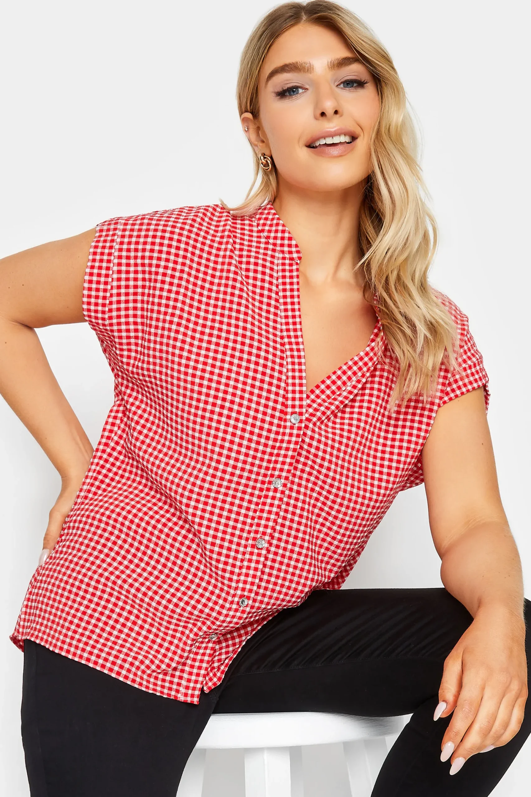 M&Co Womens Red Gingham Short Sleeve Shirt>Women Short Sleeve Tops
