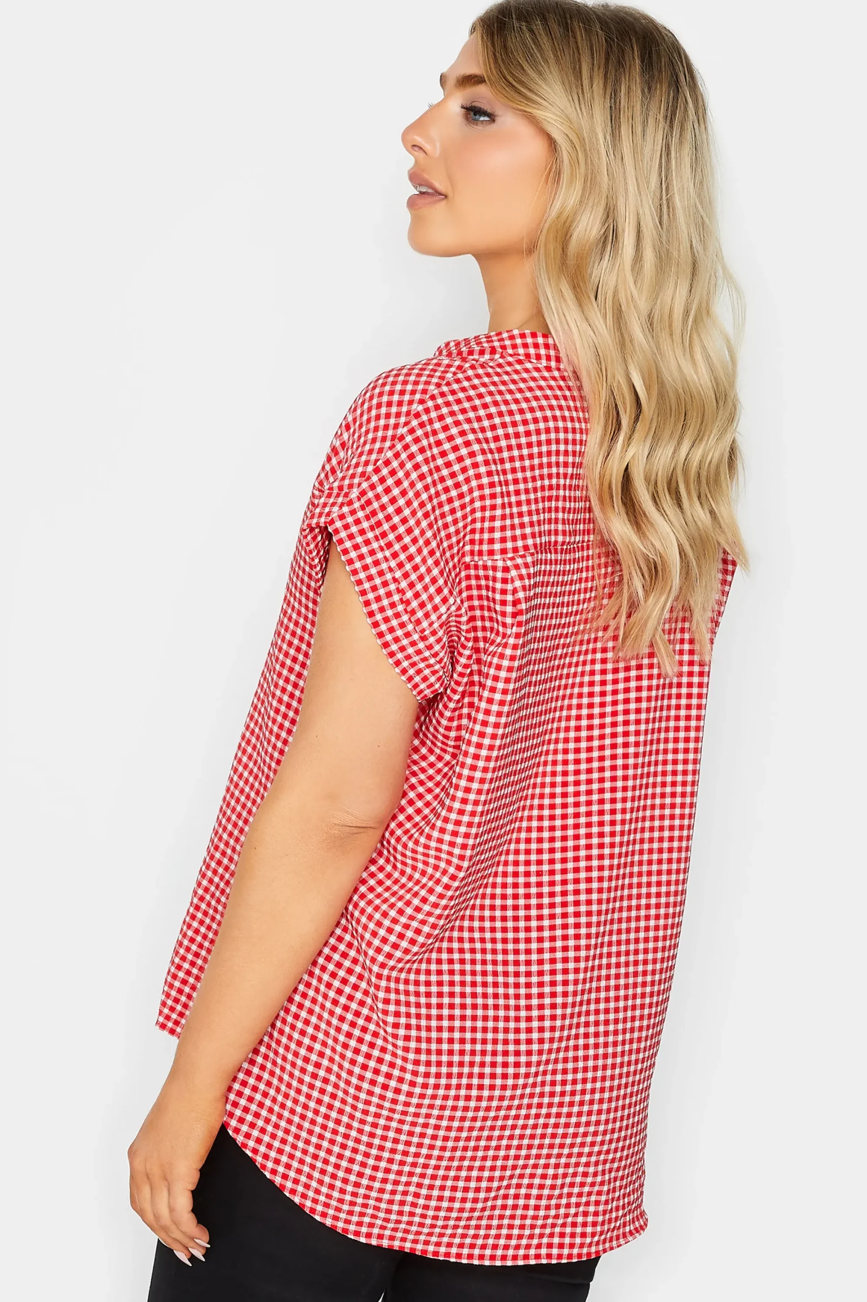 M&Co Womens Red Gingham Short Sleeve Shirt>Women Short Sleeve Tops