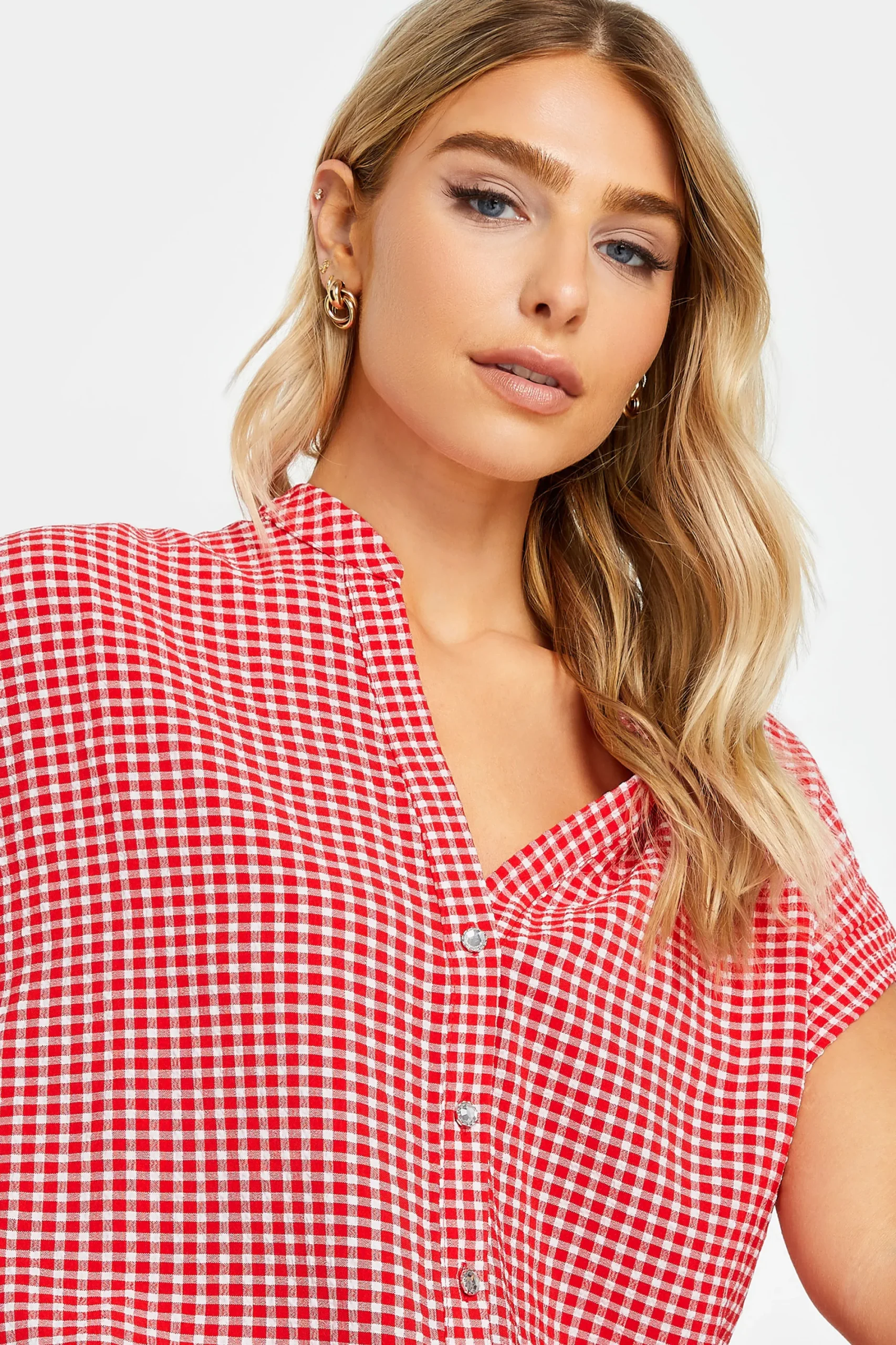 M&Co Womens Red Gingham Short Sleeve Shirt>Women Short Sleeve Tops