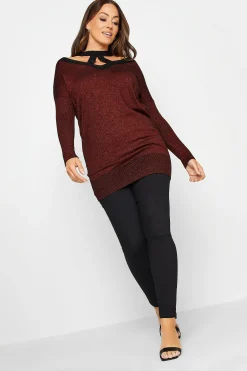 M&Co Womens Red Glitter Cut Out Tunic Jumper>Women Long Sleeve Tops