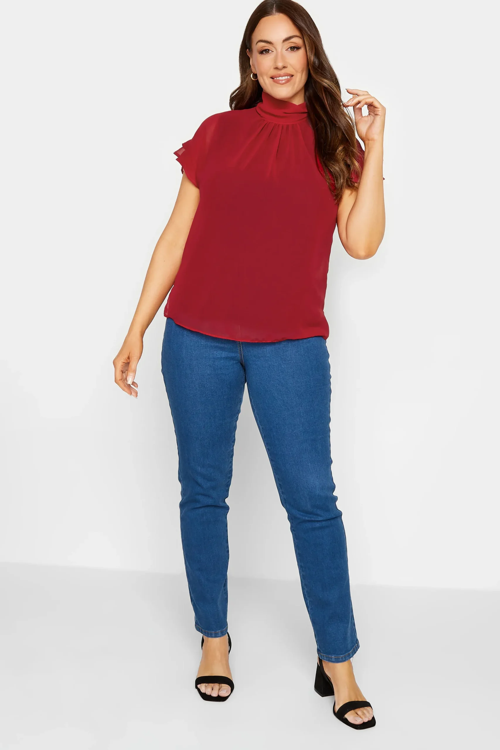 M&Co Womens Red High Neck Frill Sleeve Blouse>Women Short Sleeve Tops