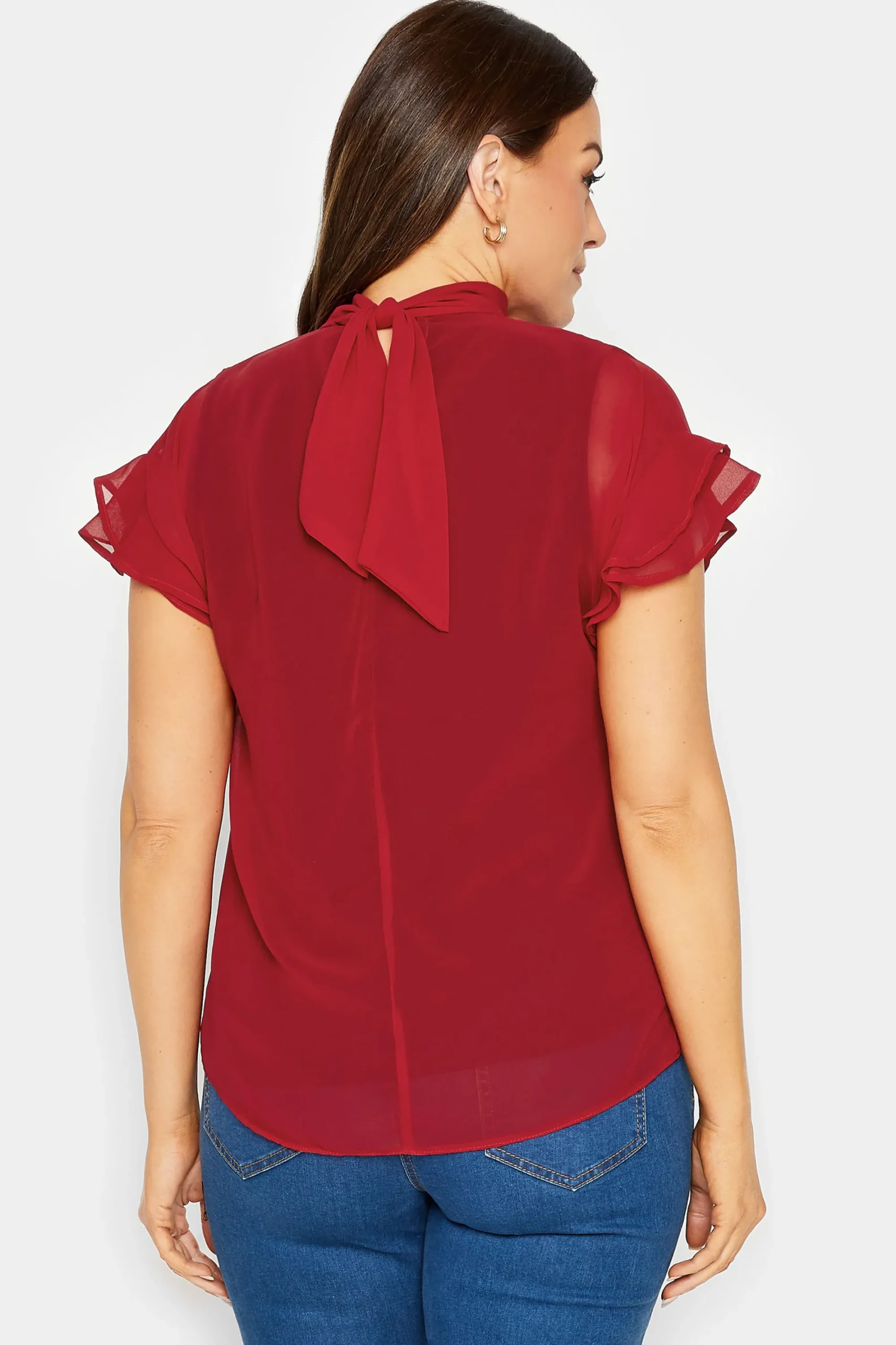 M&Co Womens Red High Neck Frill Sleeve Blouse>Women Short Sleeve Tops