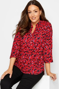 M&Co Womens Red Rose Print Half Placket Shirt>Women Shirts