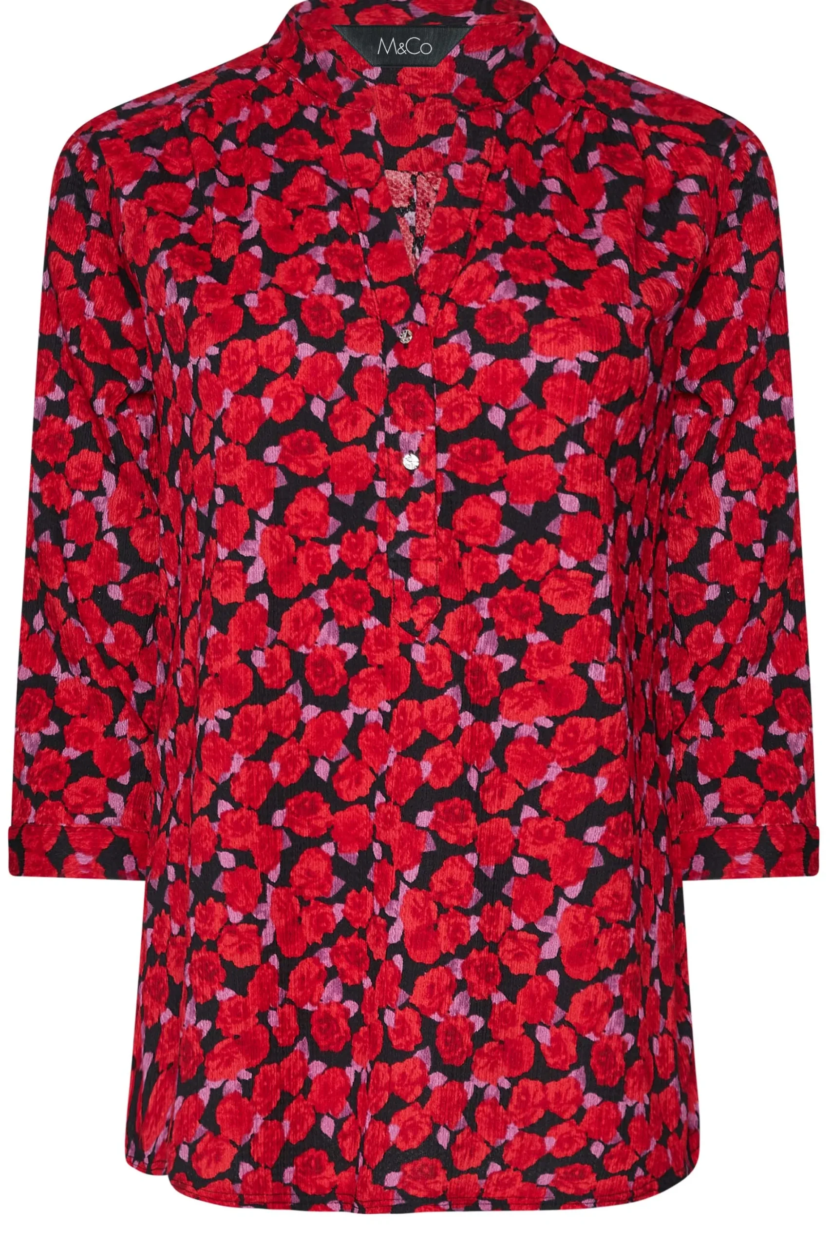 M&Co Womens Red Rose Print Half Placket Shirt>Women Shirts