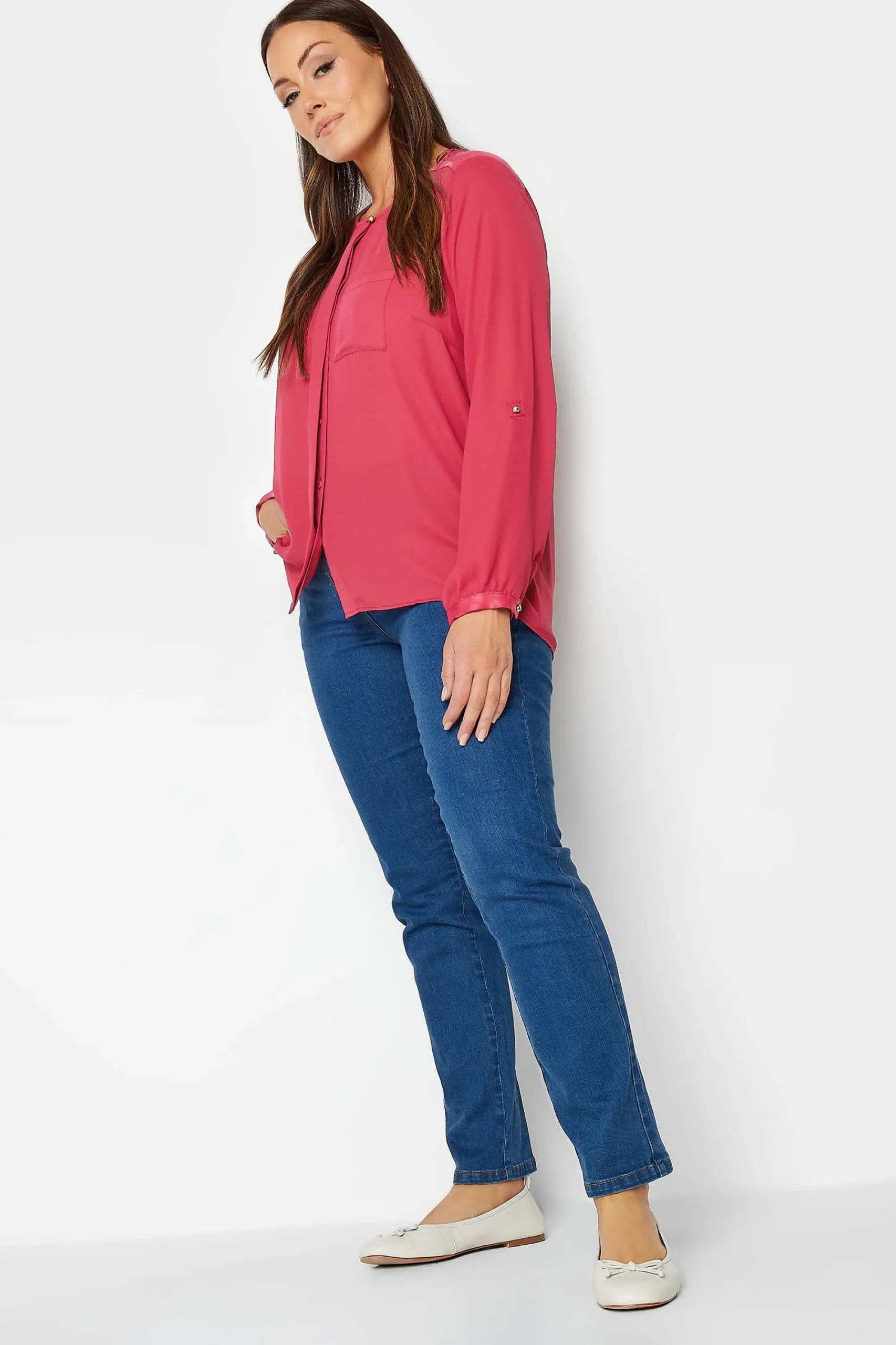 M&Co Womens Red Satin Contrast Panel Shirt>Women Shirts