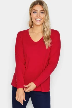 M&Co Womens Red V-Neck Long Sleeve Cotton Blend T-Shirt>Women T-Shirts
