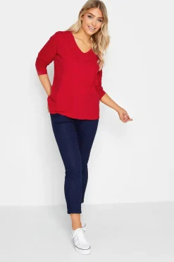 M&Co Womens Red V-Neck Long Sleeve Cotton Blend T-Shirt>Women T-Shirts