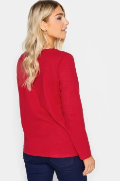M&Co Womens Red V-Neck Long Sleeve Cotton Blend T-Shirt><noscript><img width=