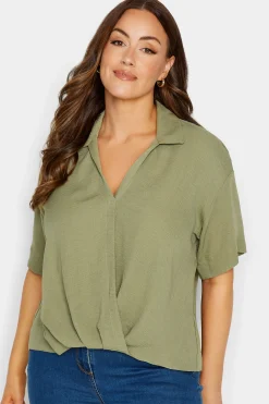 M&Co Womens Sage Green V-Neck Wrap Blouse>Women Short Sleeve Tops