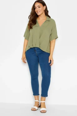 M&Co Womens Sage Green V-Neck Wrap Blouse>Women Short Sleeve Tops