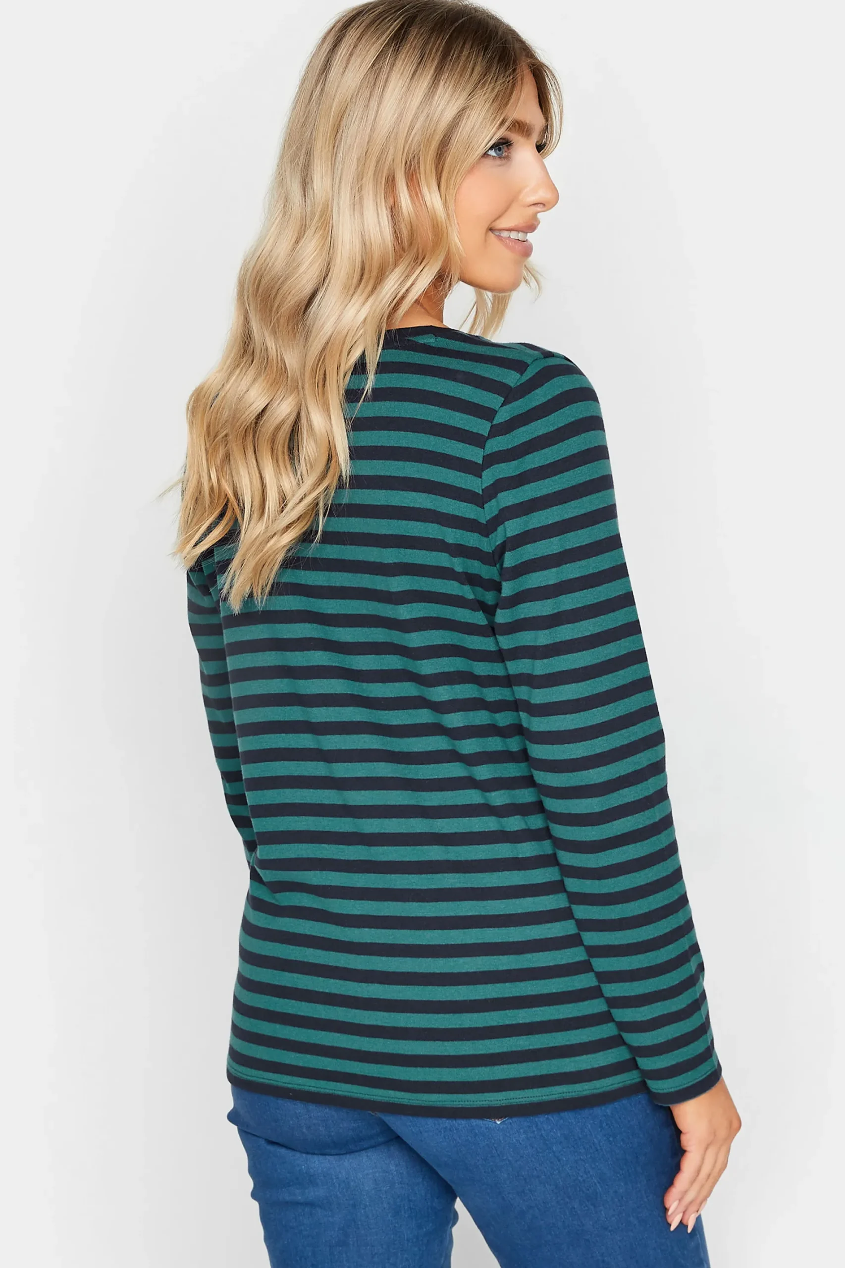 M&Co Womens Teal Blue Stripe V-Neck Long Sleeve Cotton T-Shirt>Women T-Shirts