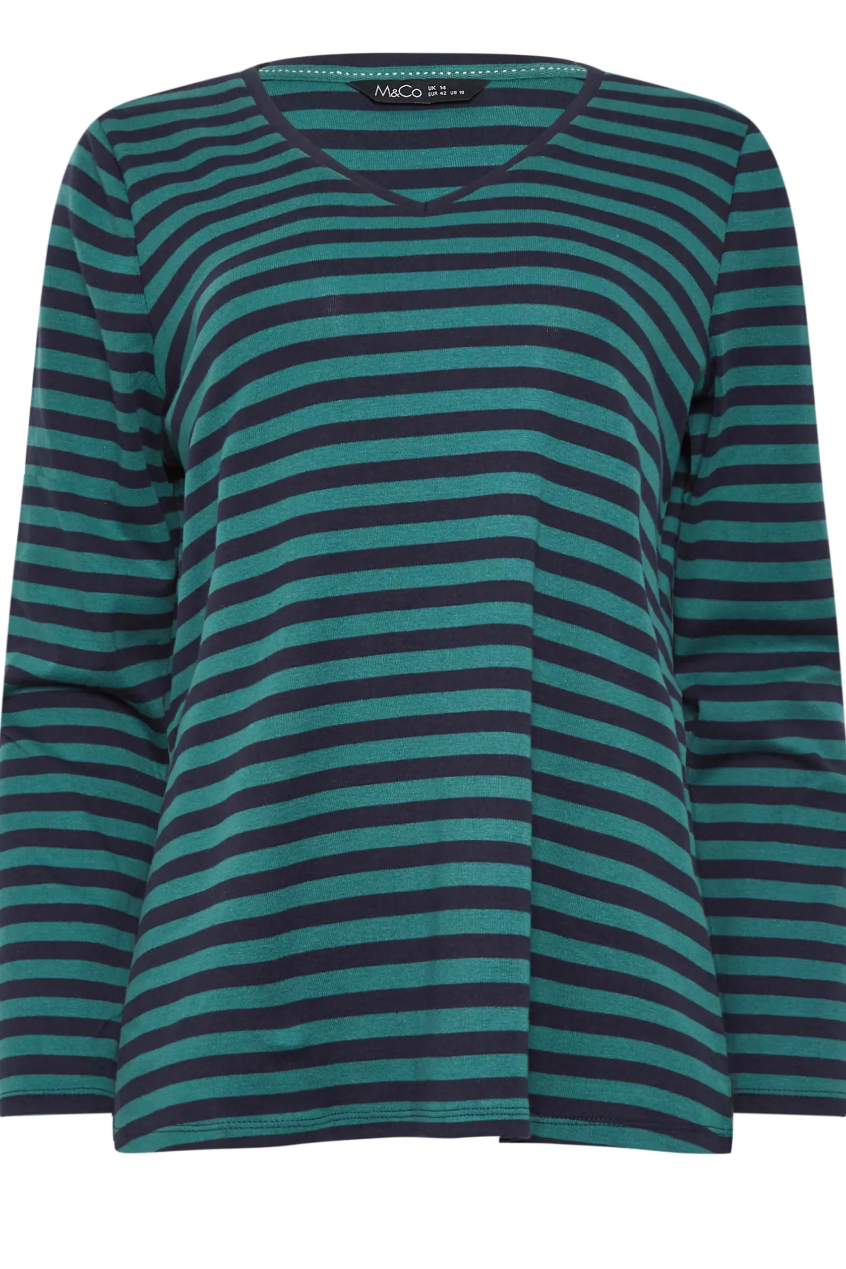 M&Co Womens Teal Blue Stripe V-Neck Long Sleeve Cotton T-Shirt>Women T-Shirts