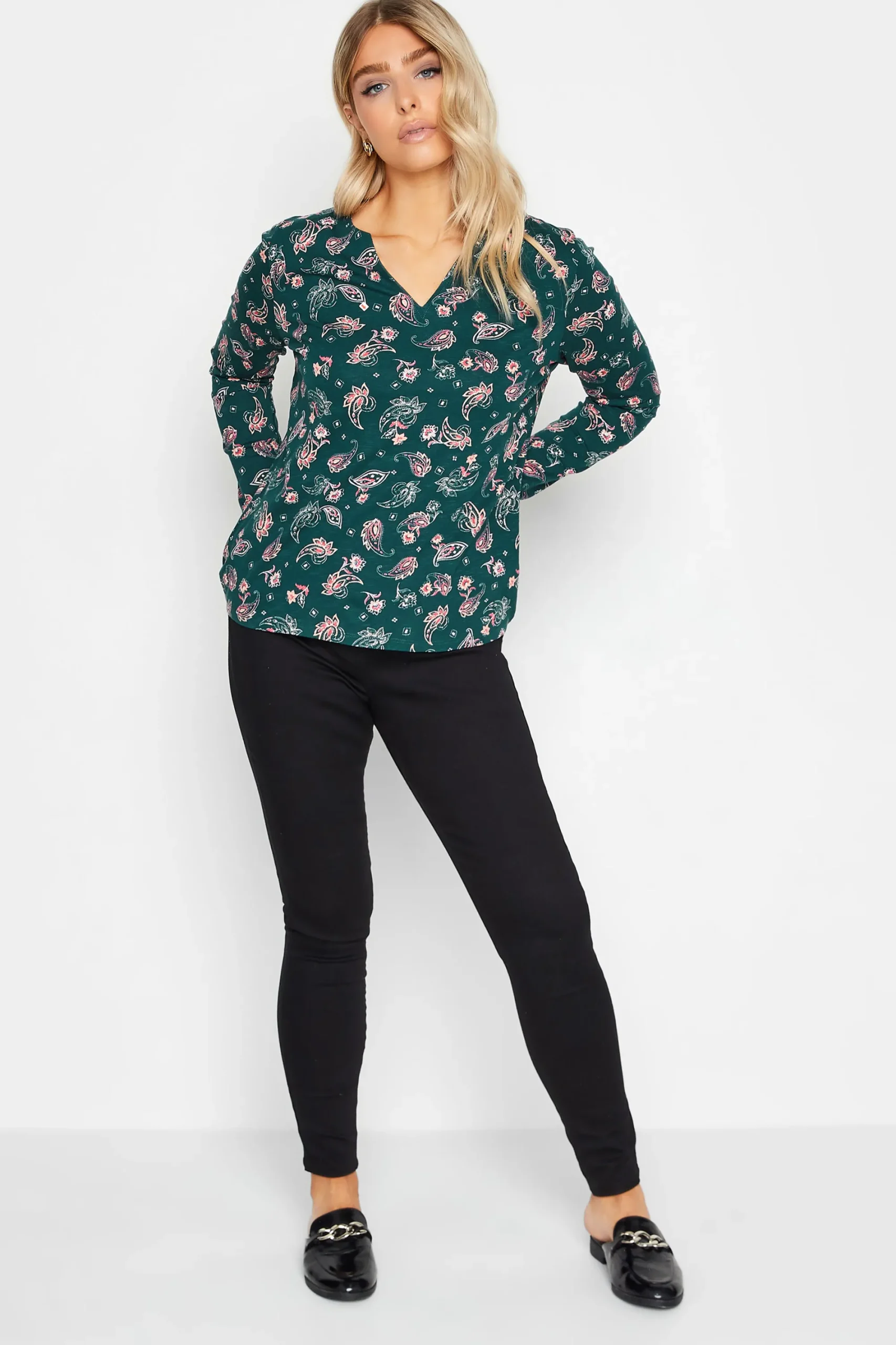 M&Co Womens Teal Green Paisley Print Notch Neck Cotton T-Shirt>Women T-Shirts