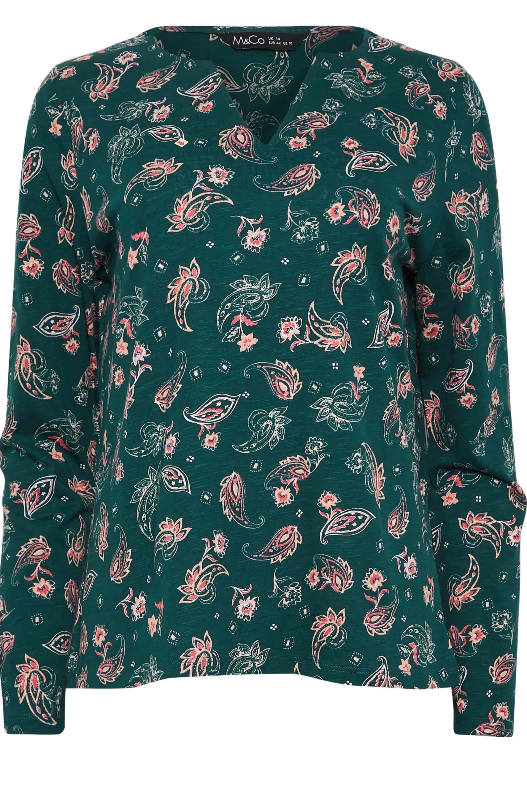 M&Co Womens Teal Green Paisley Print Notch Neck Cotton T-Shirt>Women T-Shirts
