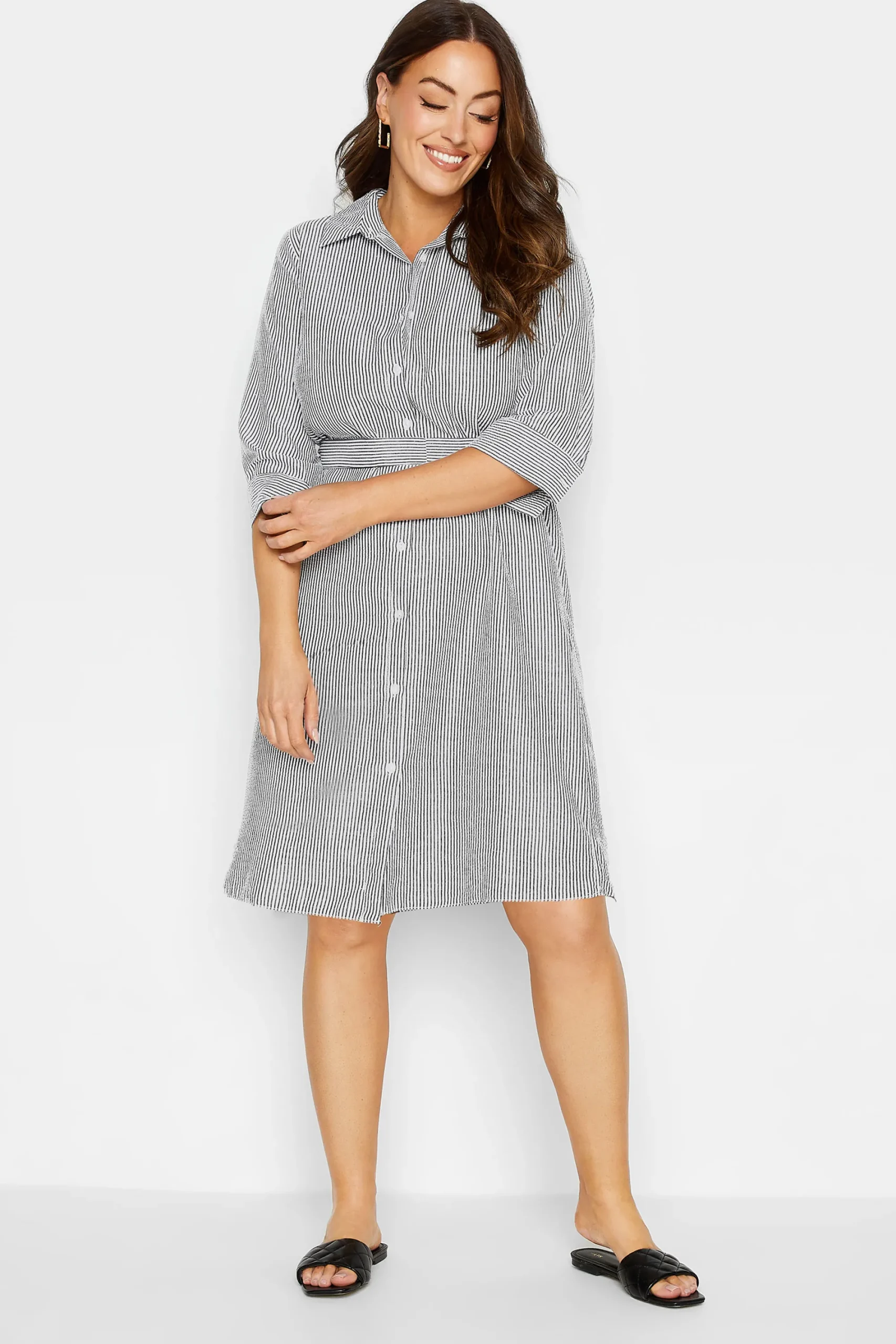 M&Co Womens White & Black Stripe Print Tie Waist Tunic Shirt Dress>Women Shirt Dresses
