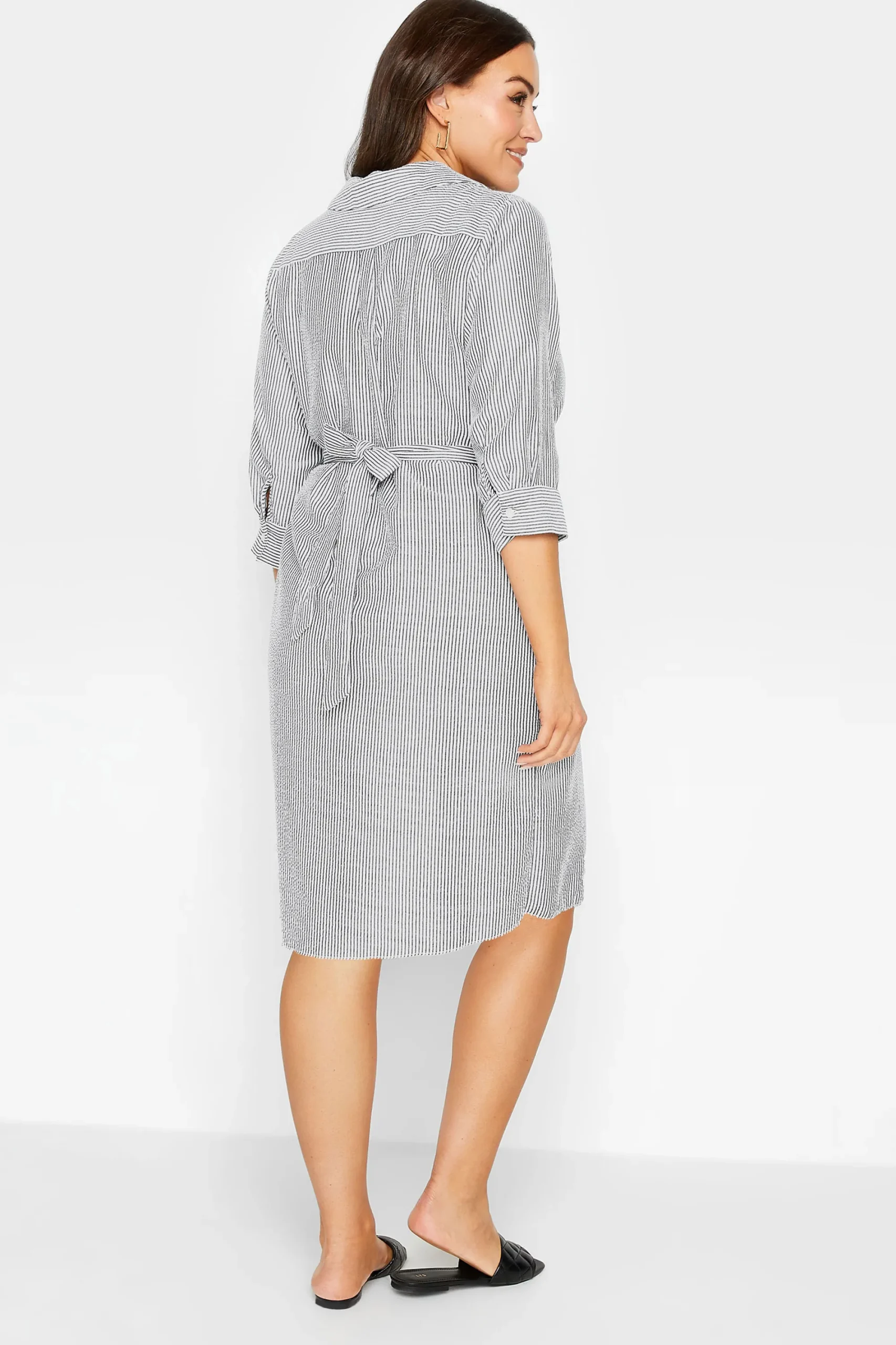 M&Co Womens White & Black Stripe Print Tie Waist Tunic Shirt Dress>Women Shirt Dresses