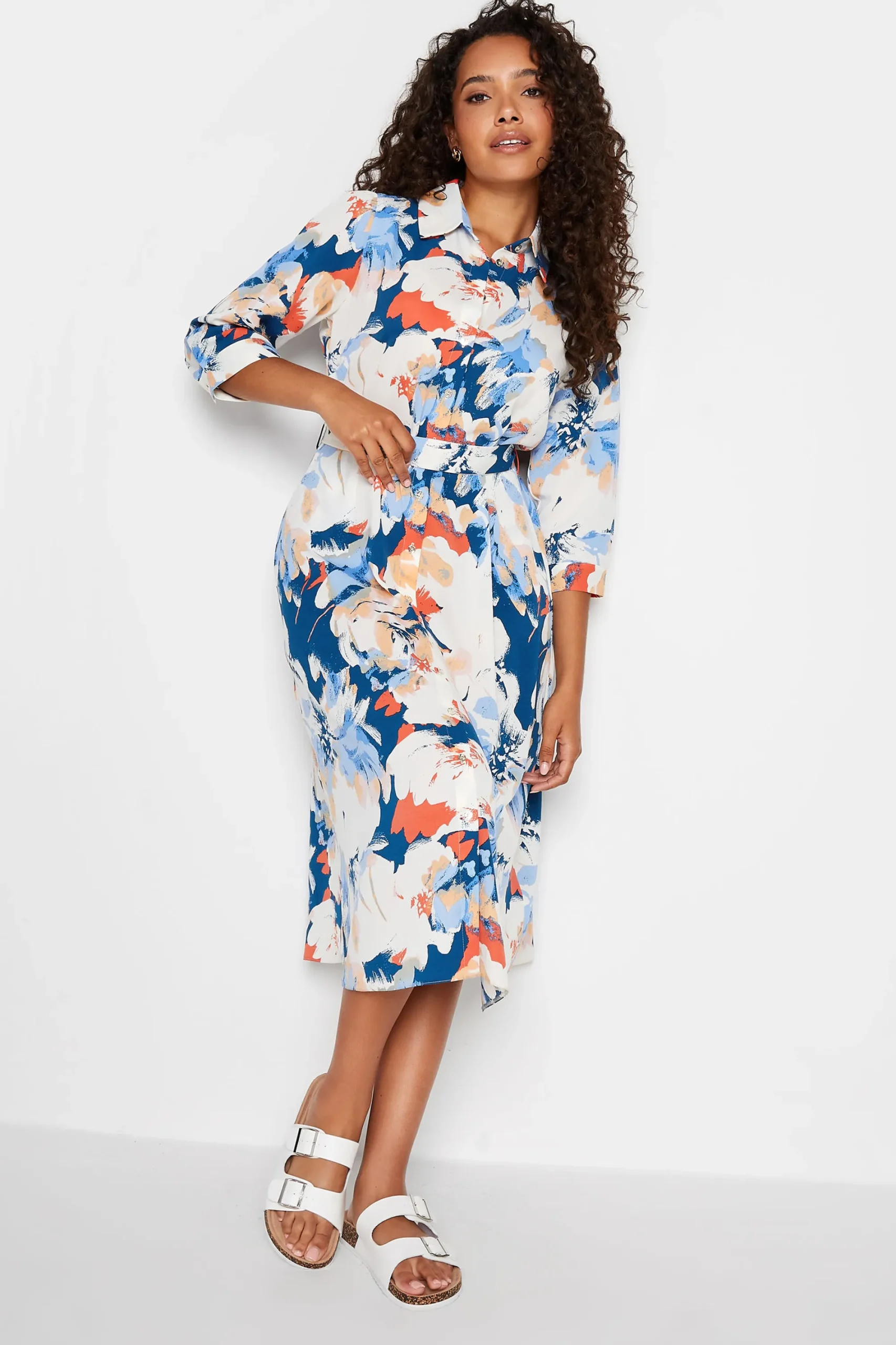 M&Co Womens White & Blue Floral Print Button Through Shirt Dress>Women Wedding Guest Dresses