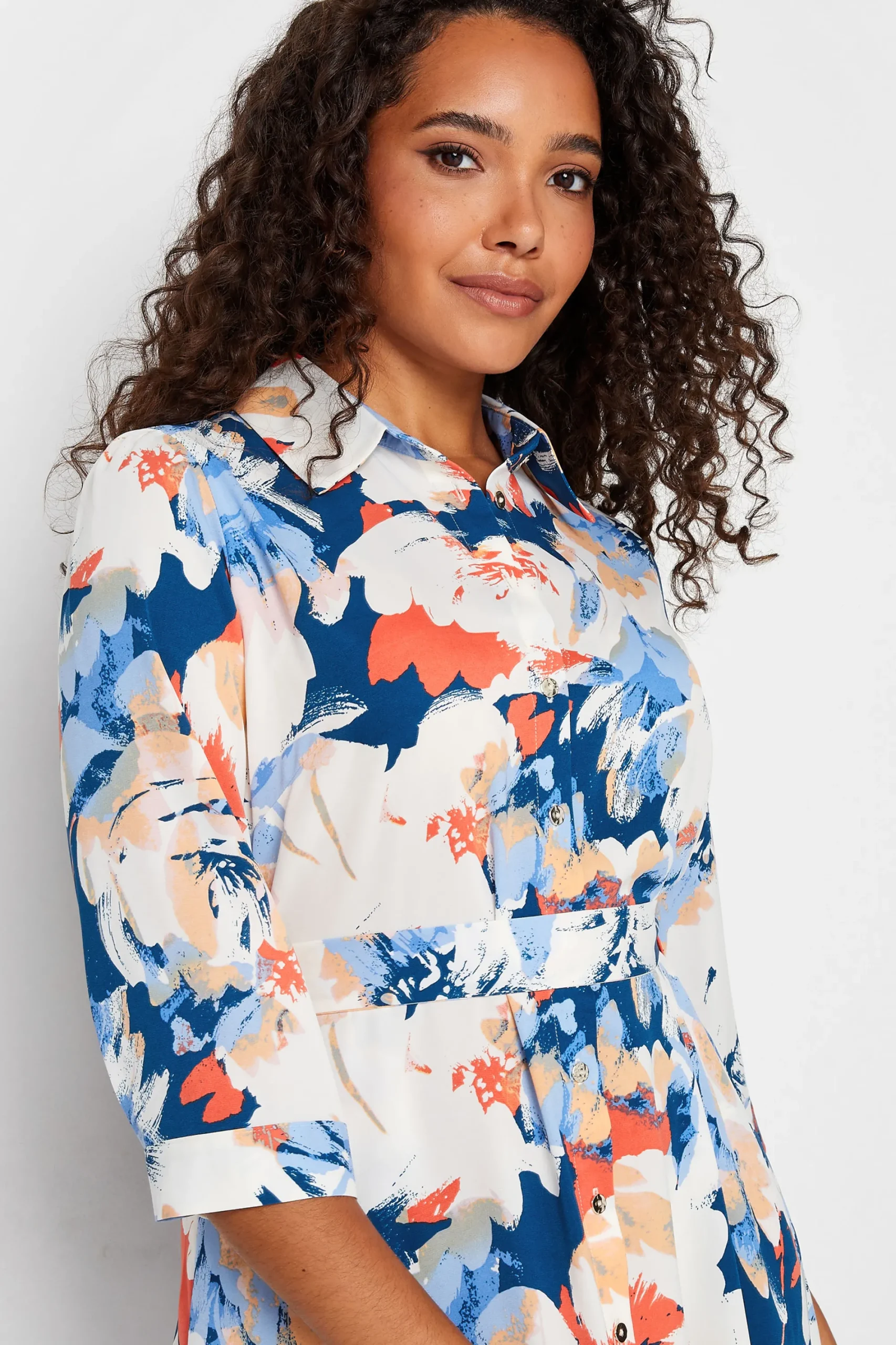 M&Co Womens White & Blue Floral Print Button Through Shirt Dress>Women Wedding Guest Dresses