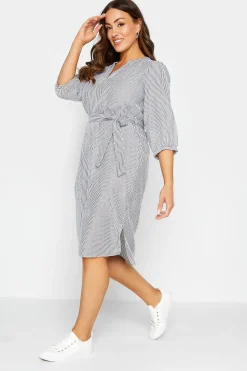M&Co Womens White & Grey Stripe Print Tie Waist Tunic Dress>Women Shirt Dresses