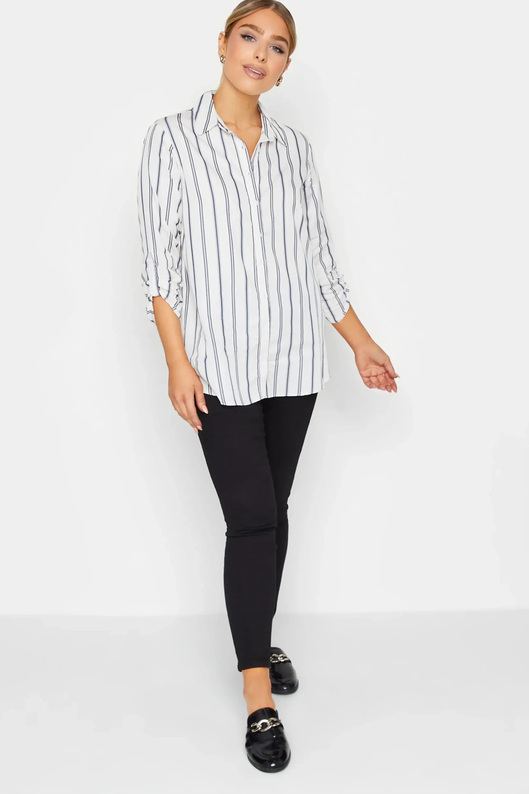 M&Co Womens White & Navy Blue Stripe Tab Sleeve Shirt>Women Shirts