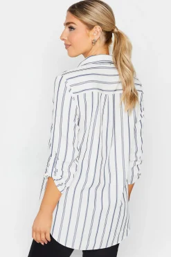 M&Co Womens White & Navy Blue Stripe Tab Sleeve Shirt><noscript><img width=