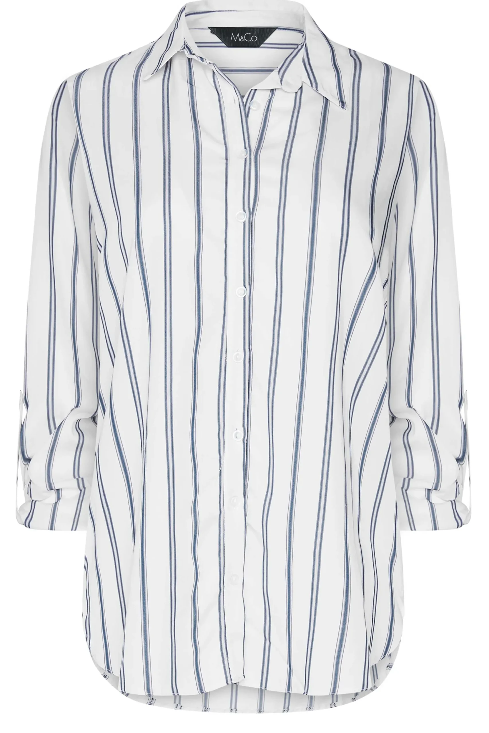 M&Co Womens White & Navy Blue Stripe Tab Sleeve Shirt>Women Shirts