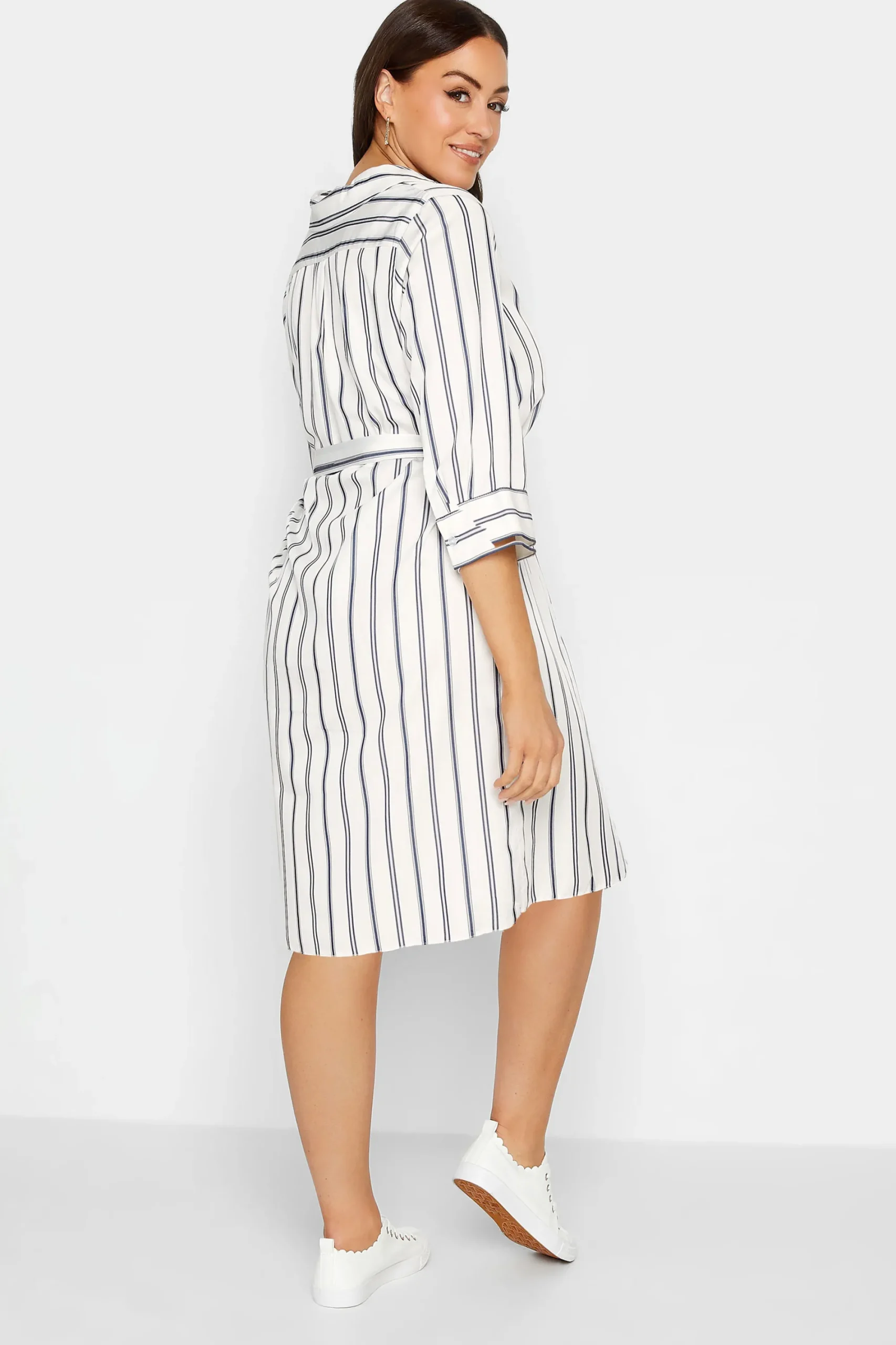 M&Co Womens White & Navy Blue Stripe Print Tie Waist Tunic Shirt Dress>Women Shirt Dresses
