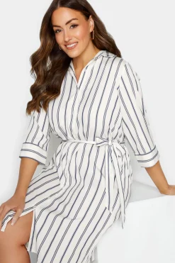 M&Co Womens White & Navy Blue Stripe Print Tie Waist Tunic Shirt Dress><noscript><img width=