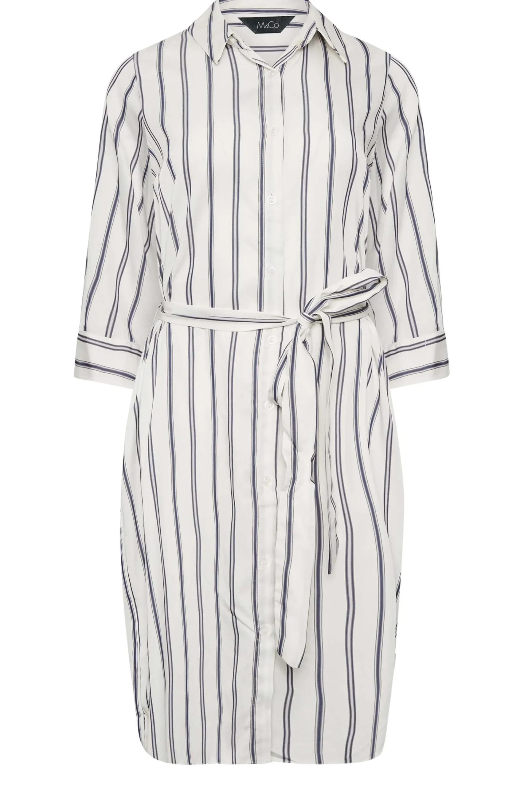 M&Co Womens White & Navy Blue Stripe Print Tie Waist Tunic Shirt Dress>Women Shirt Dresses