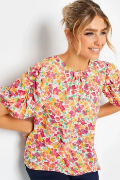 M&Co Womens White & Pink Floral Print Puff Sleeve Blouse>Women Short Sleeve Tops