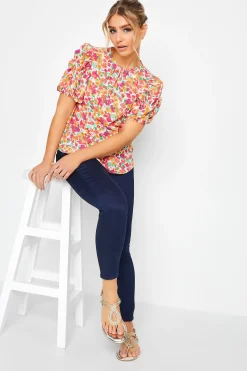M&Co Womens White & Pink Floral Print Puff Sleeve Blouse>Women Short Sleeve Tops