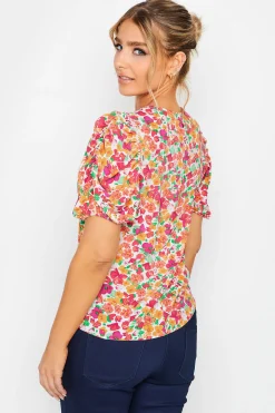 M&Co Womens White & Pink Floral Print Puff Sleeve Blouse><noscript><img width=