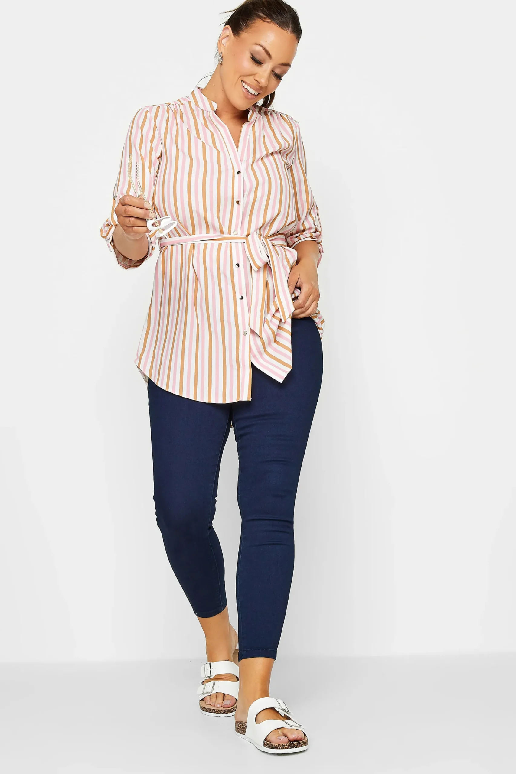 M&Co Womens White & Pink Stripe Tie Waist Blouse>Women Shirts