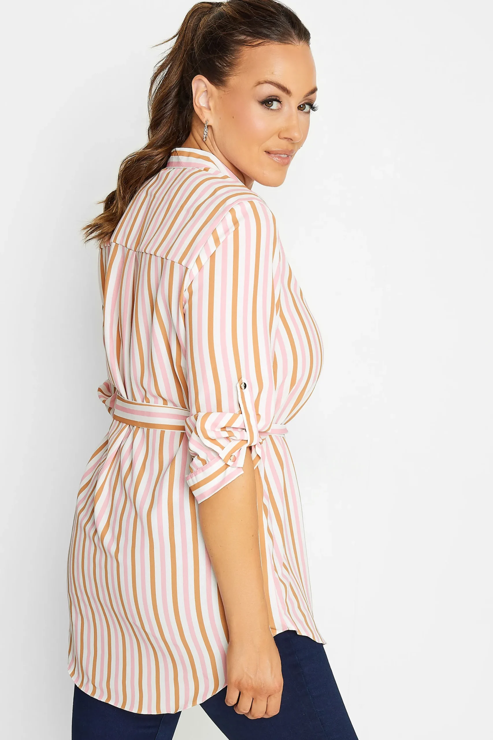 M&Co Womens White & Pink Stripe Tie Waist Blouse>Women Shirts