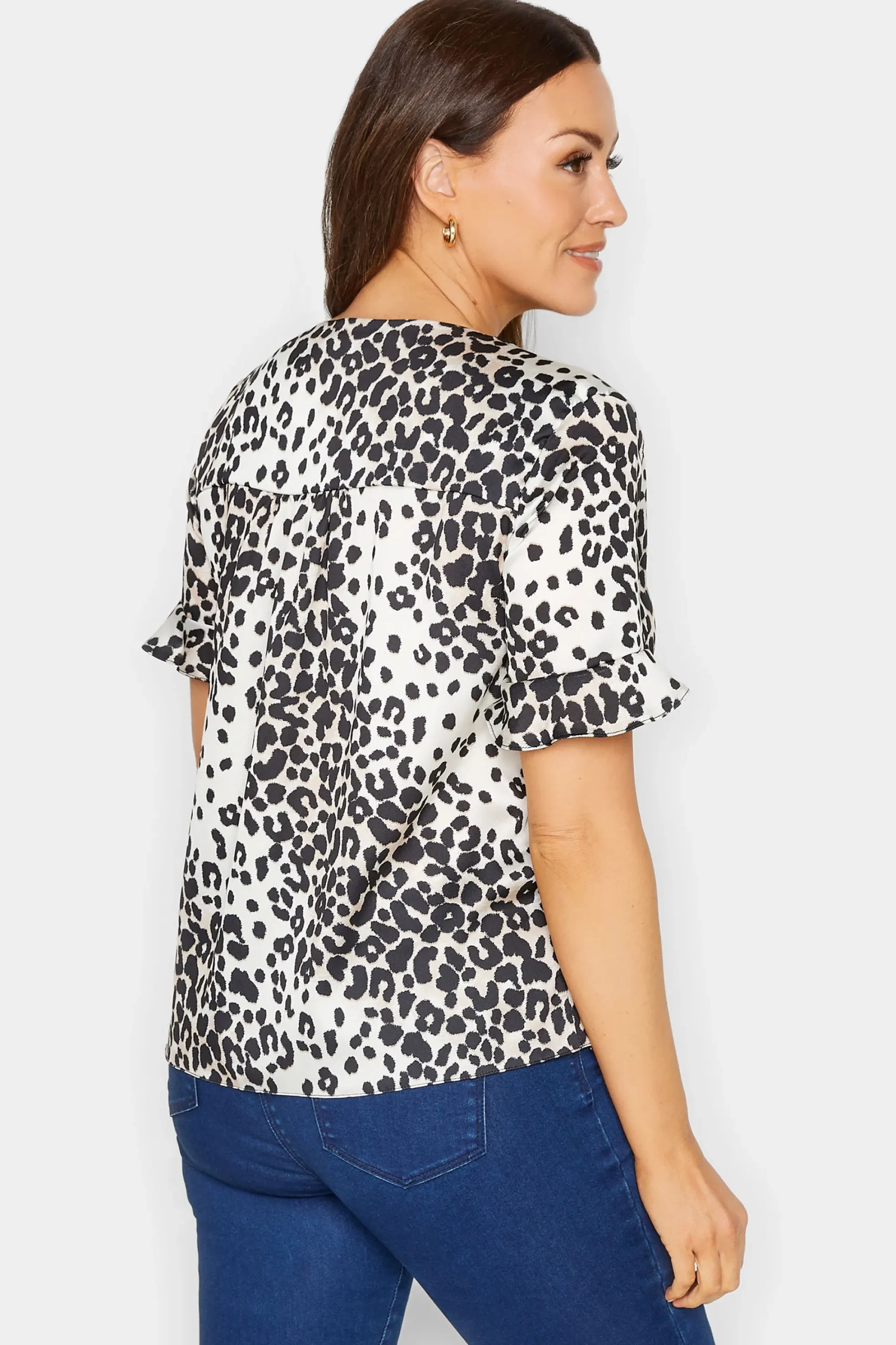 M&Co Womens White Animal Print Frill Sleeve Button Through Blouse>Women Short Sleeve Tops