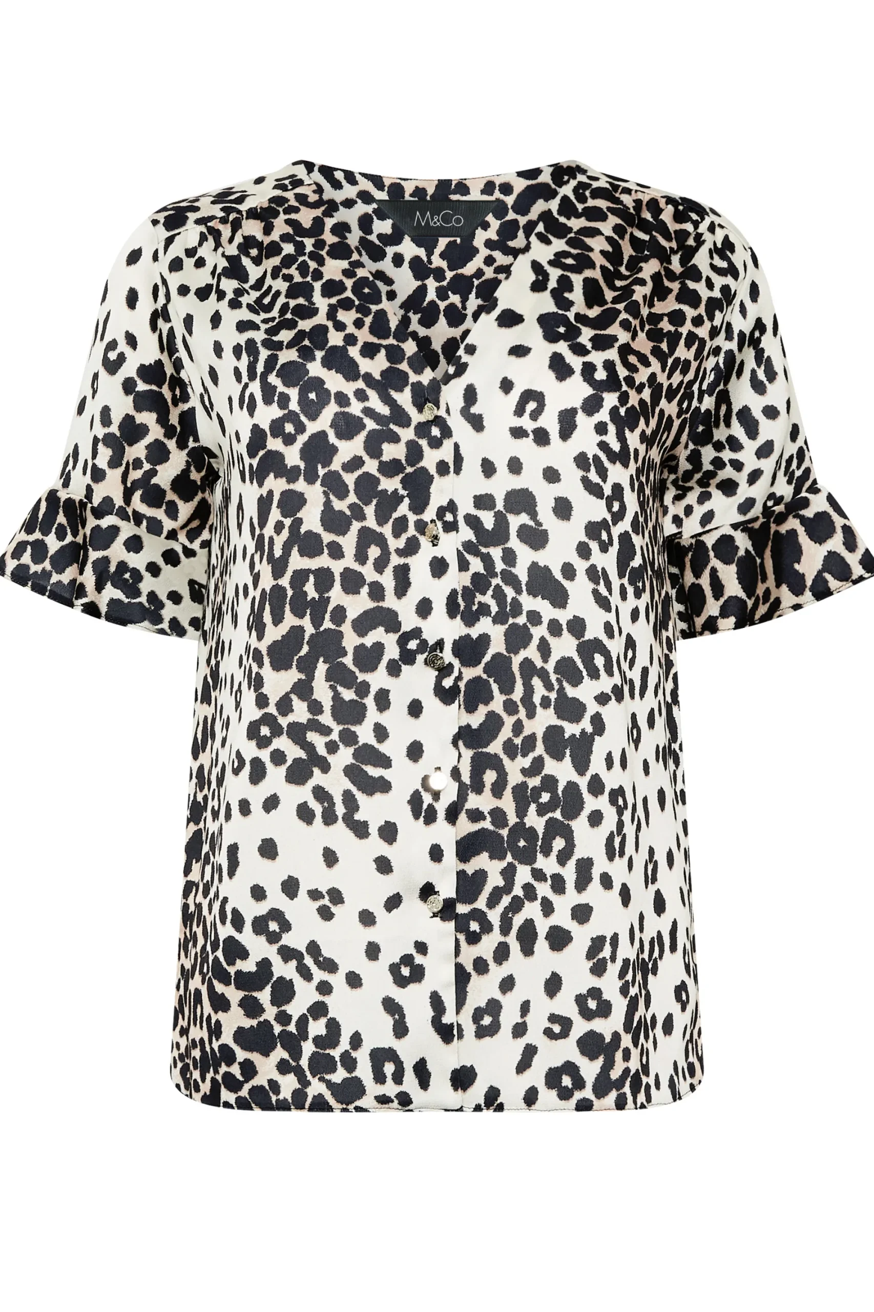 M&Co Womens White Animal Print Frill Sleeve Button Through Blouse>Women Short Sleeve Tops