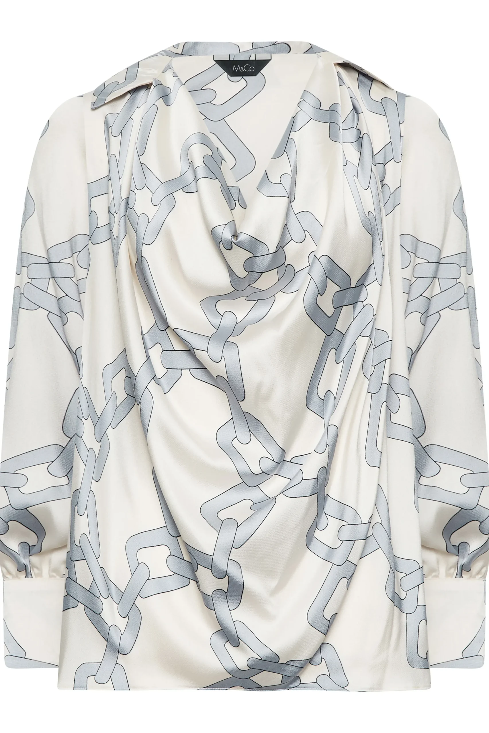 M&Co Womens White Chain Print Cowl Neck Satin Blouse>Women Long Sleeve Tops