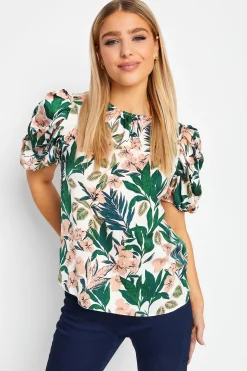 M&Co Womens White Floral Print Puff Sleeve Blouse>Women Short Sleeve Tops