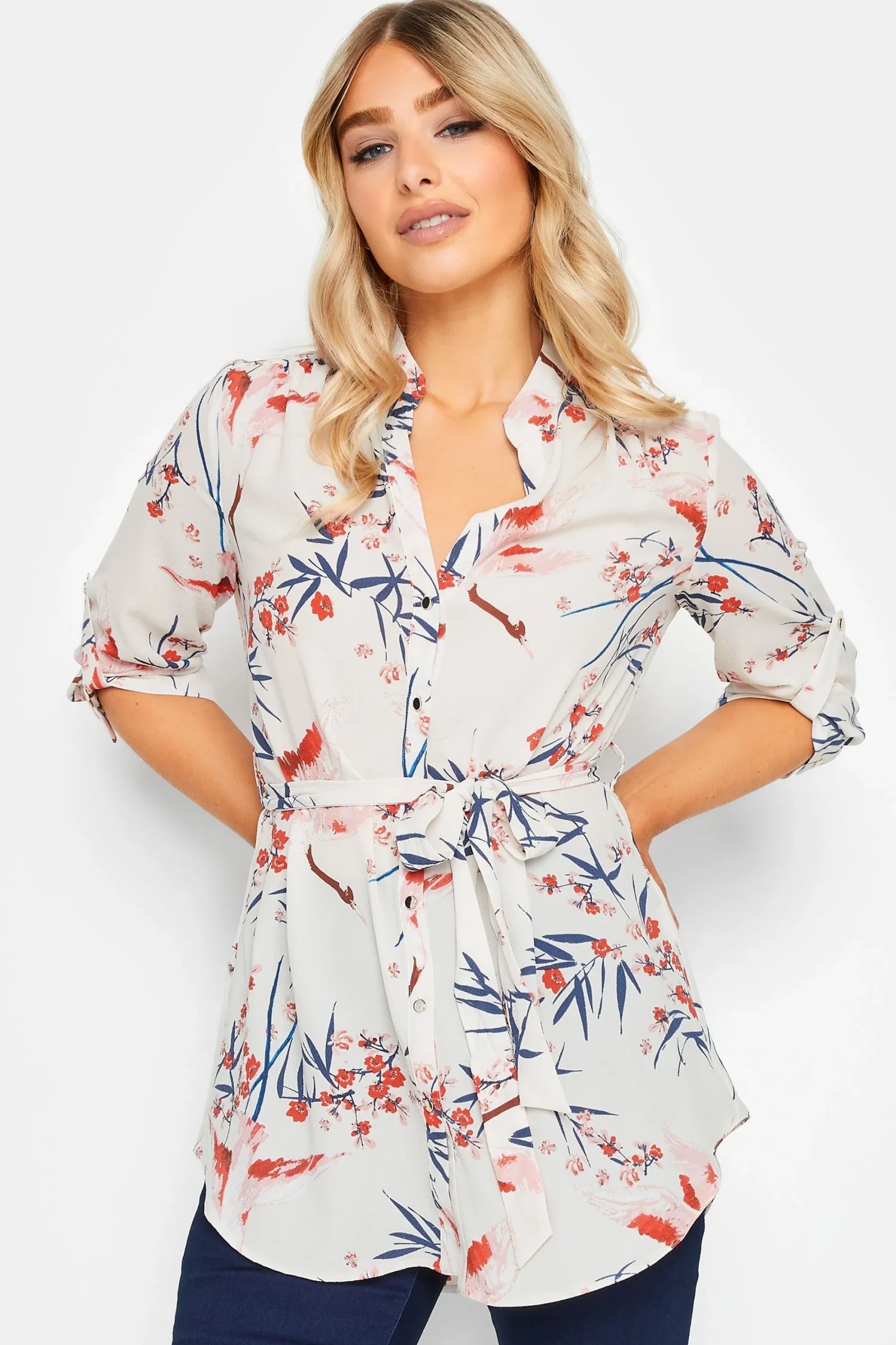 M&Co Womens White Floral Tie Waist Blouse>Women Shirts