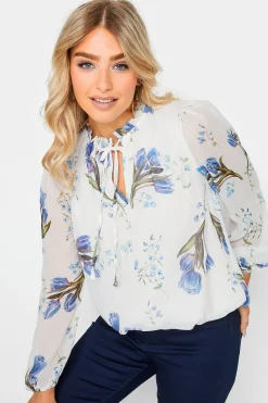 M&Co Womens White Floral Print Tie Neck Blouse>Women Blouses