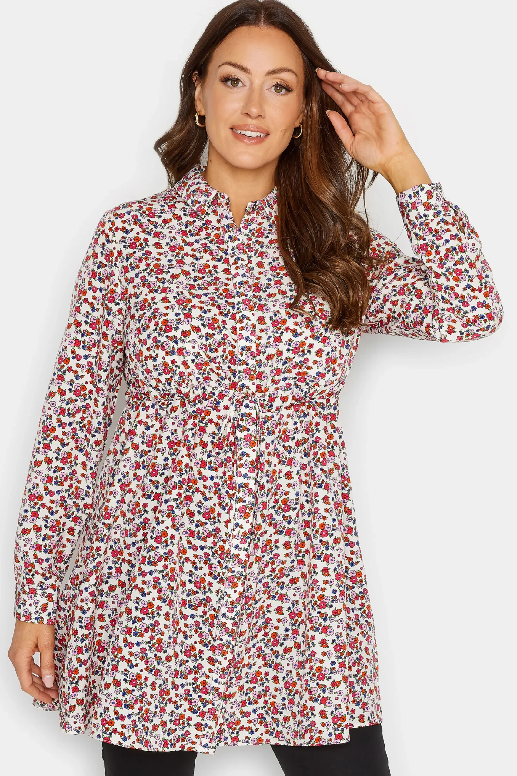 M&Co Womens White Floral Print Tie Waist Tunic Shirt>Women Shirts