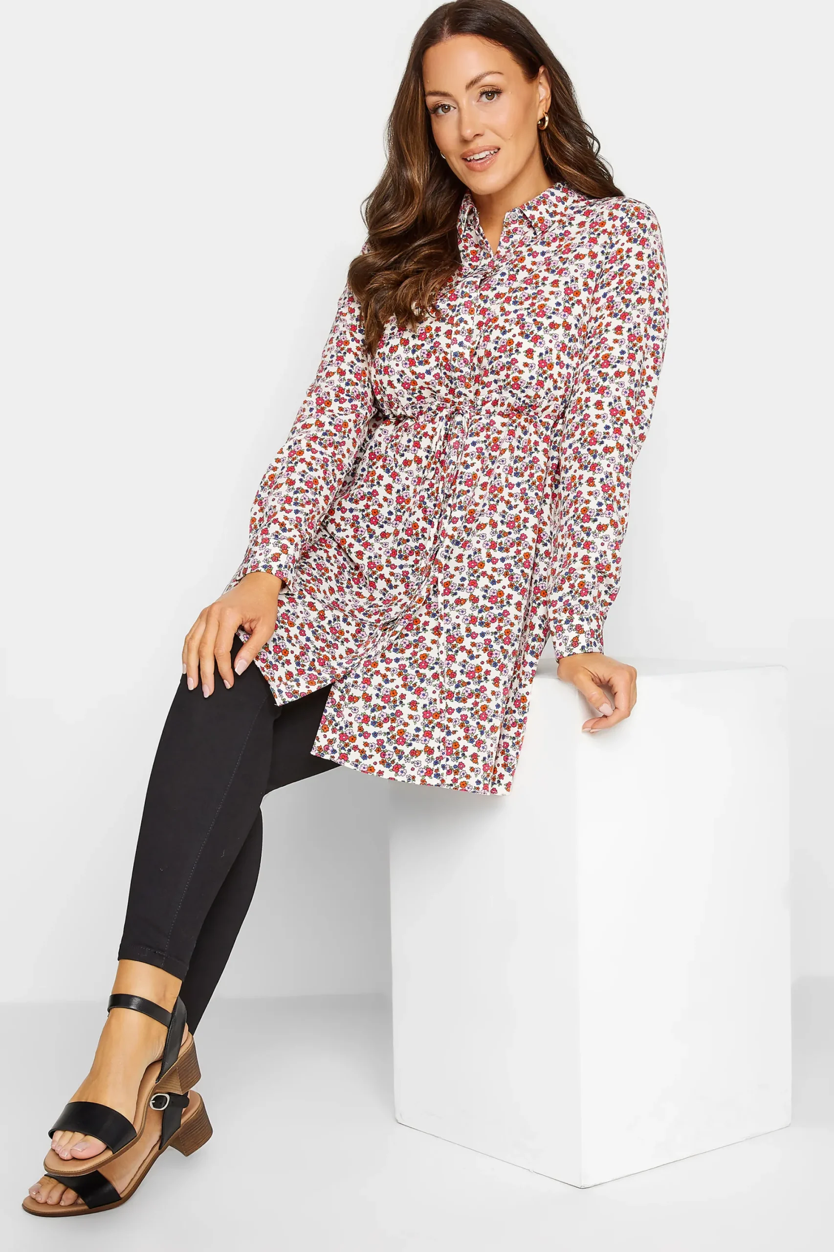 M&Co Womens White Floral Print Tie Waist Tunic Shirt>Women Shirts