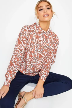 M&Co Womens White Floral Print High Neck Blouse>Women Long Sleeve Tops