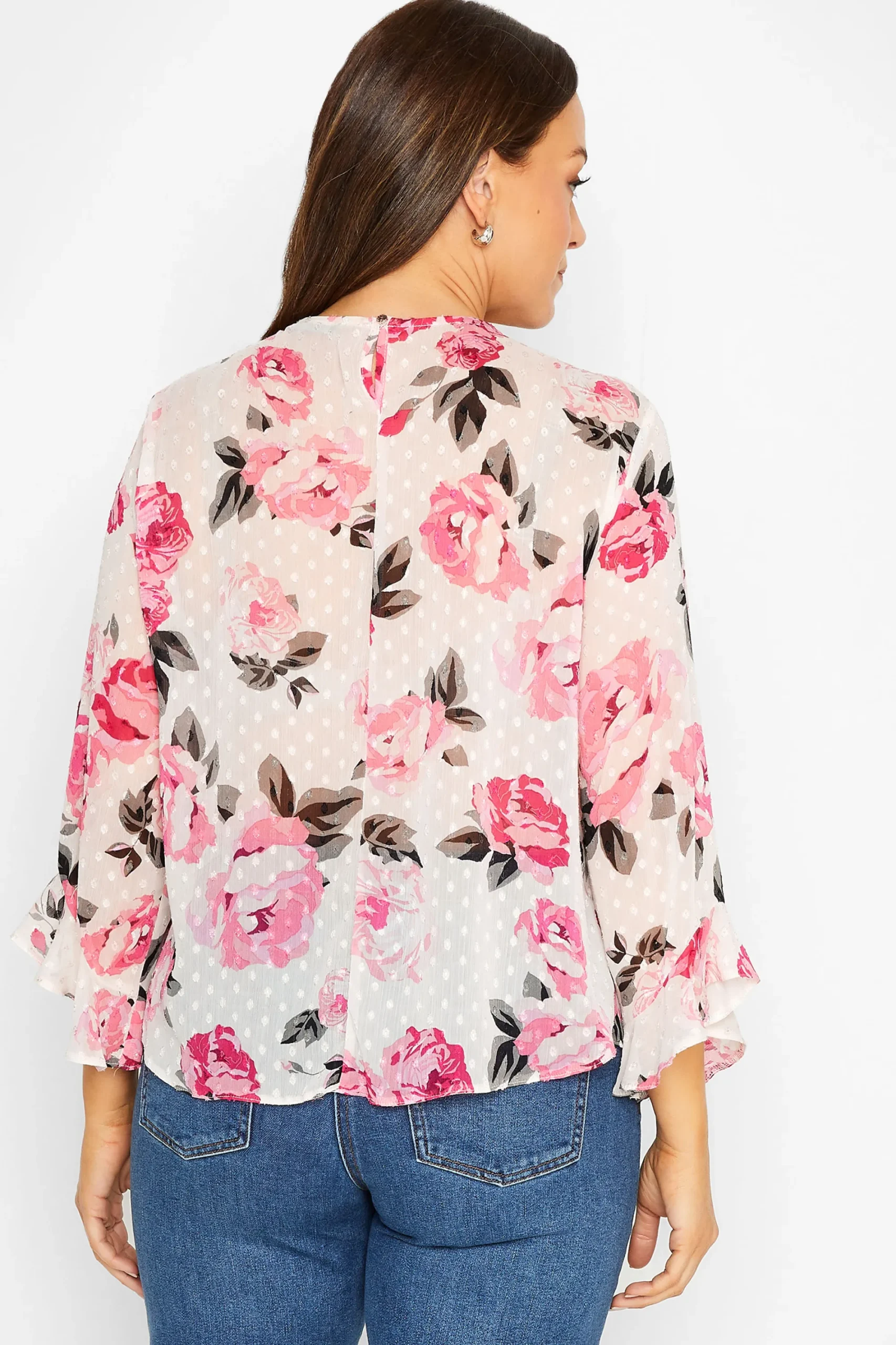 M&Co Womens White Floral Print Dobby Frill Sleeve Blouse>Women Blouses