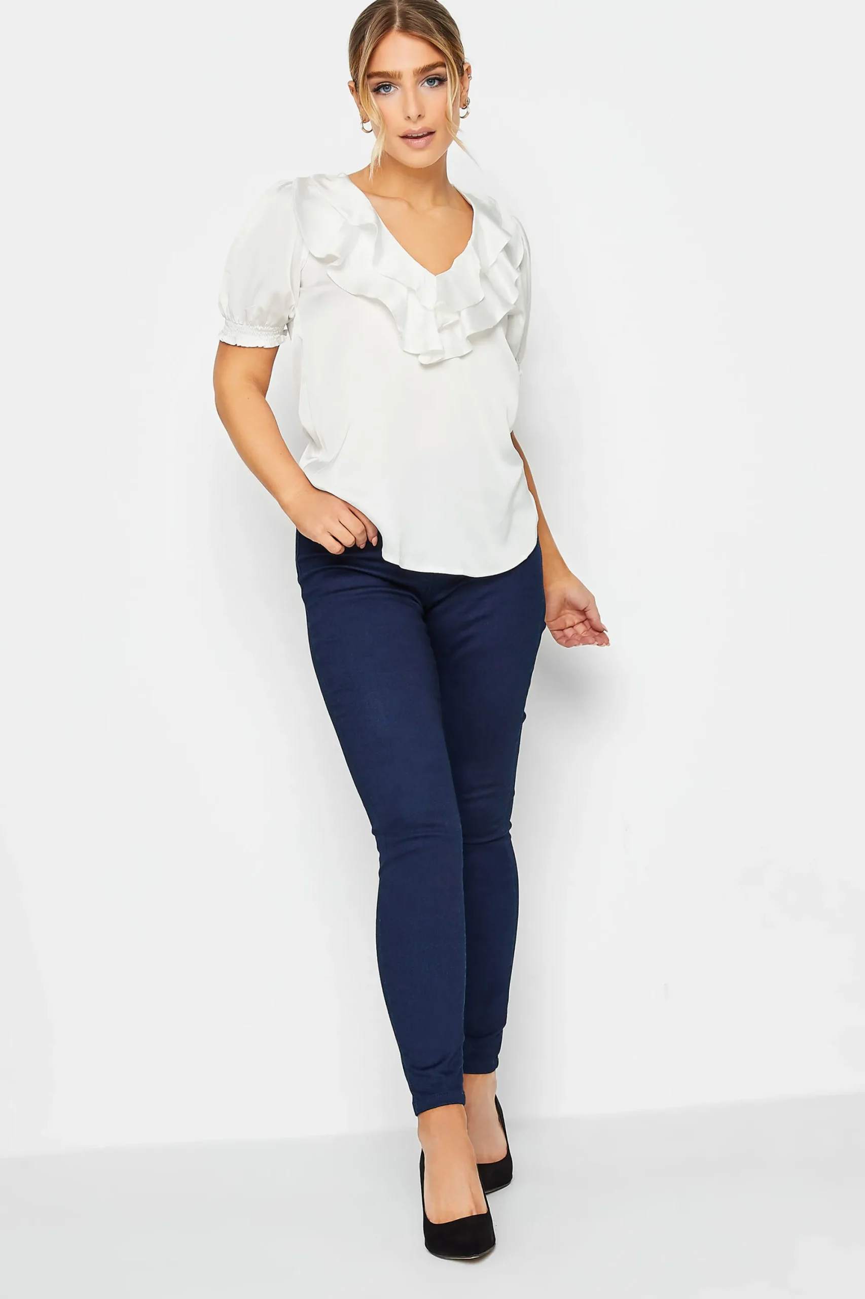 M&Co Womens White Frill Front Blouse>Women Short Sleeve Tops