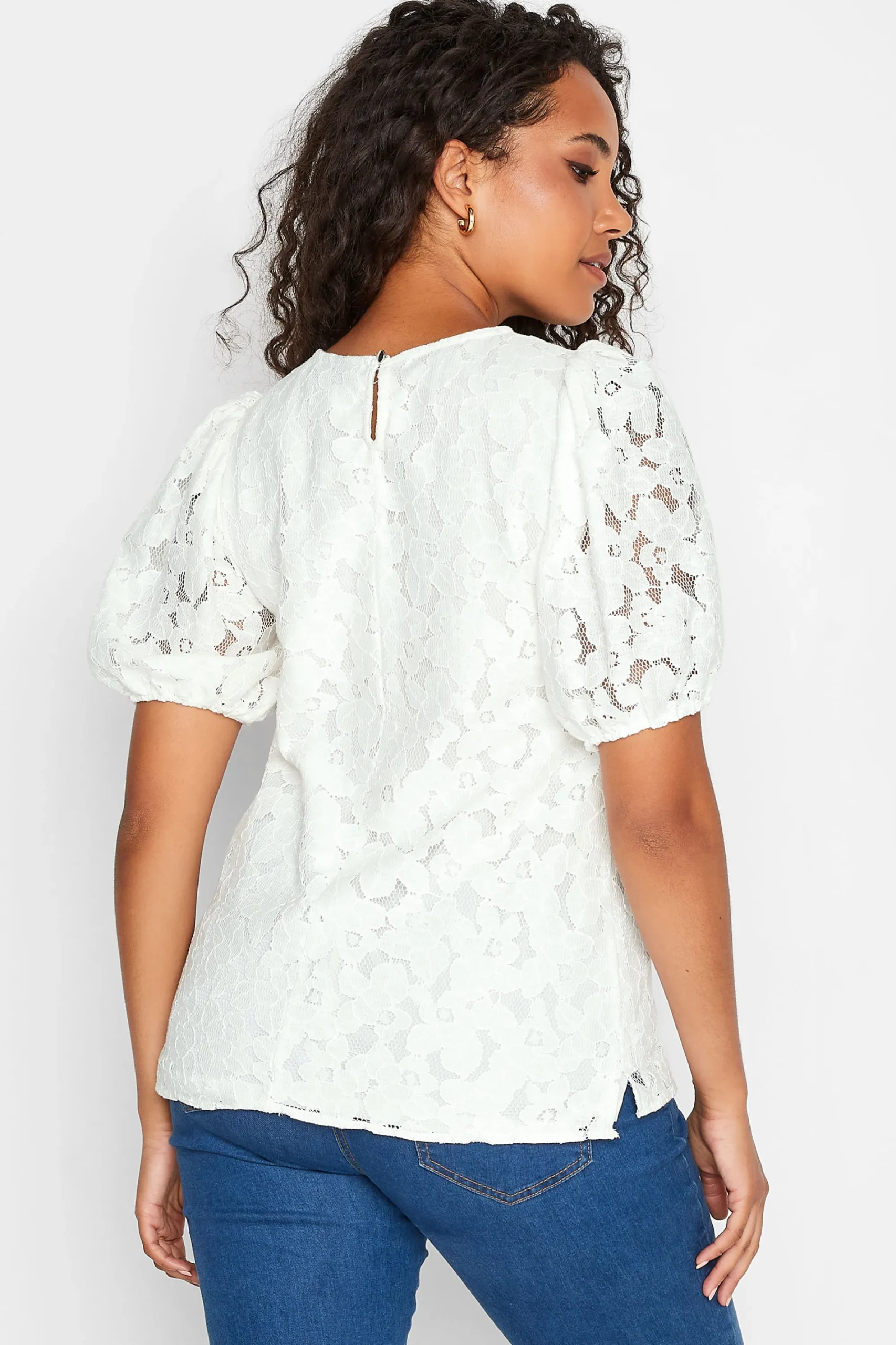 M&Co Womens White Lace Puff Sleeve Blouse>Women Blouses