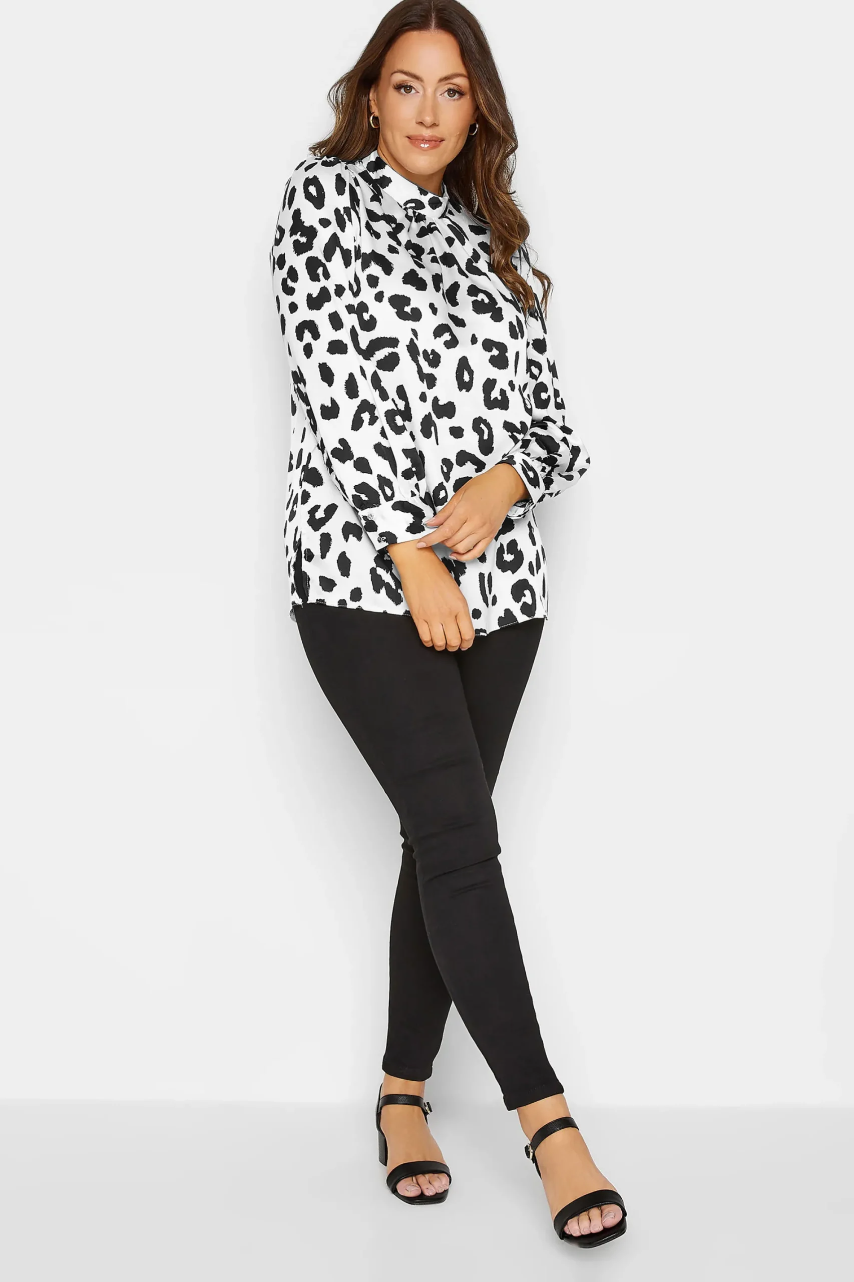 M&Co Womens White Leopard Print High Neck Satin Blouse>Women Long Sleeve Tops