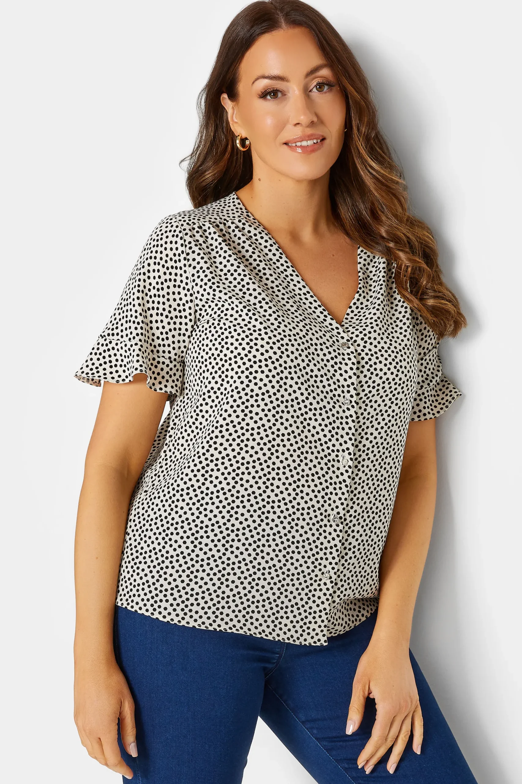 M&Co Womens White Spot Print Frill Sleeve Button Through Blouse>Women Short Sleeve Tops