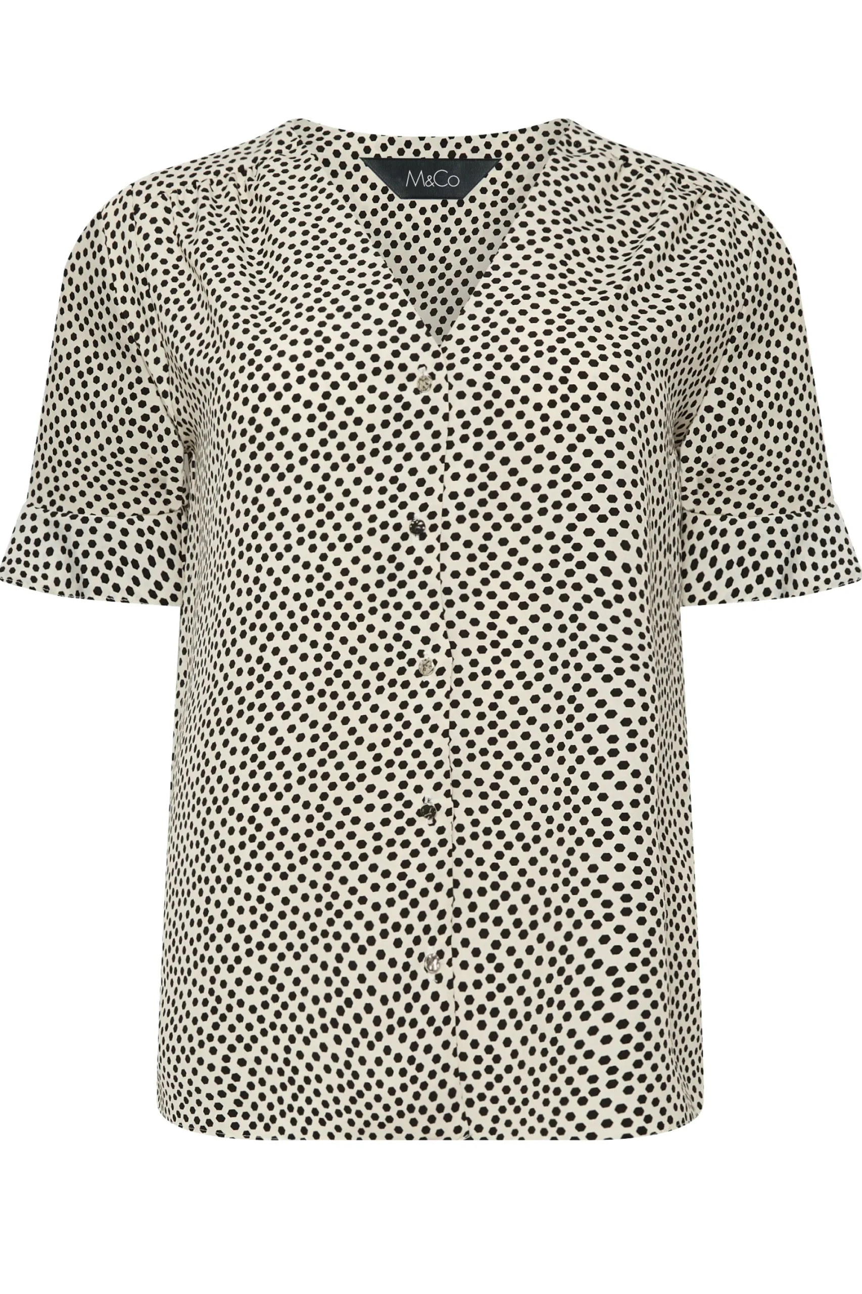 M&Co Womens White Spot Print Frill Sleeve Button Through Blouse>Women Short Sleeve Tops